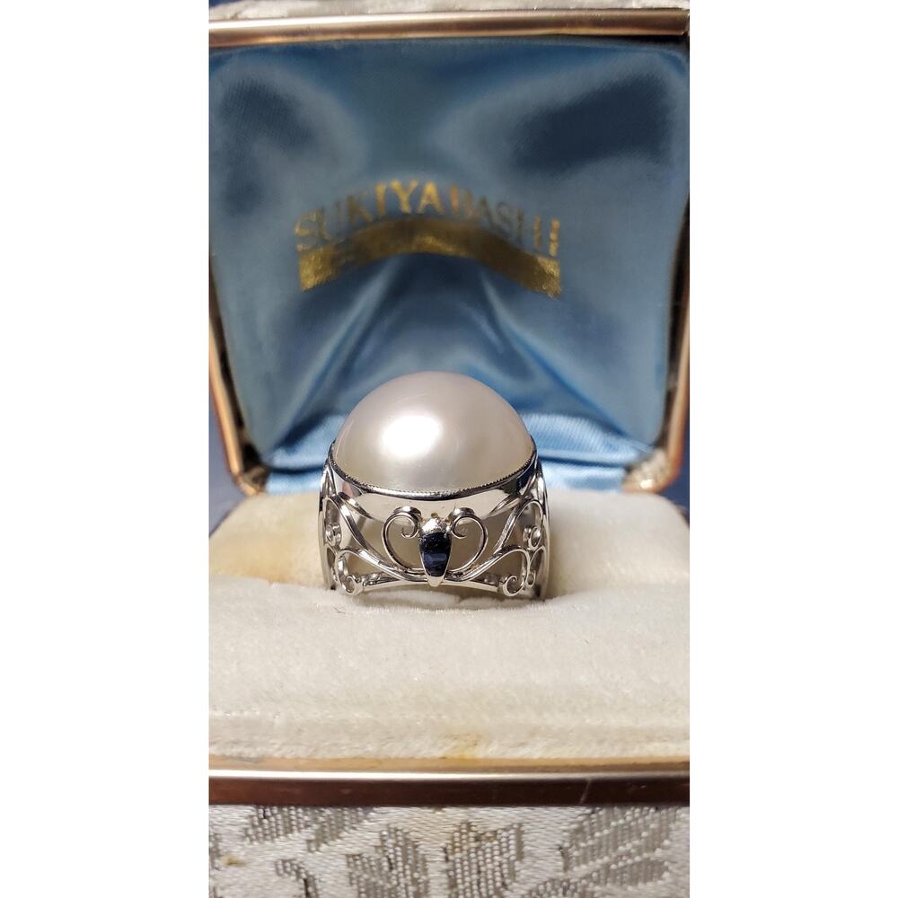 Vtg 14K WG Japan 17mm Lg Mabe Pearl Art Deco Filigree Dinner Ring Sukiyabashi